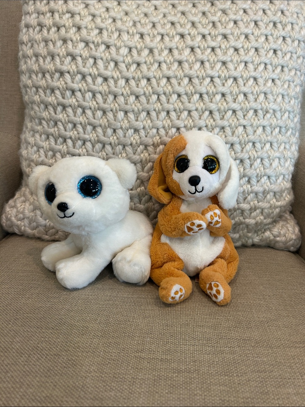 Plush Pair: White Polar Bear and Tan Puppy with Sparkly Eyes